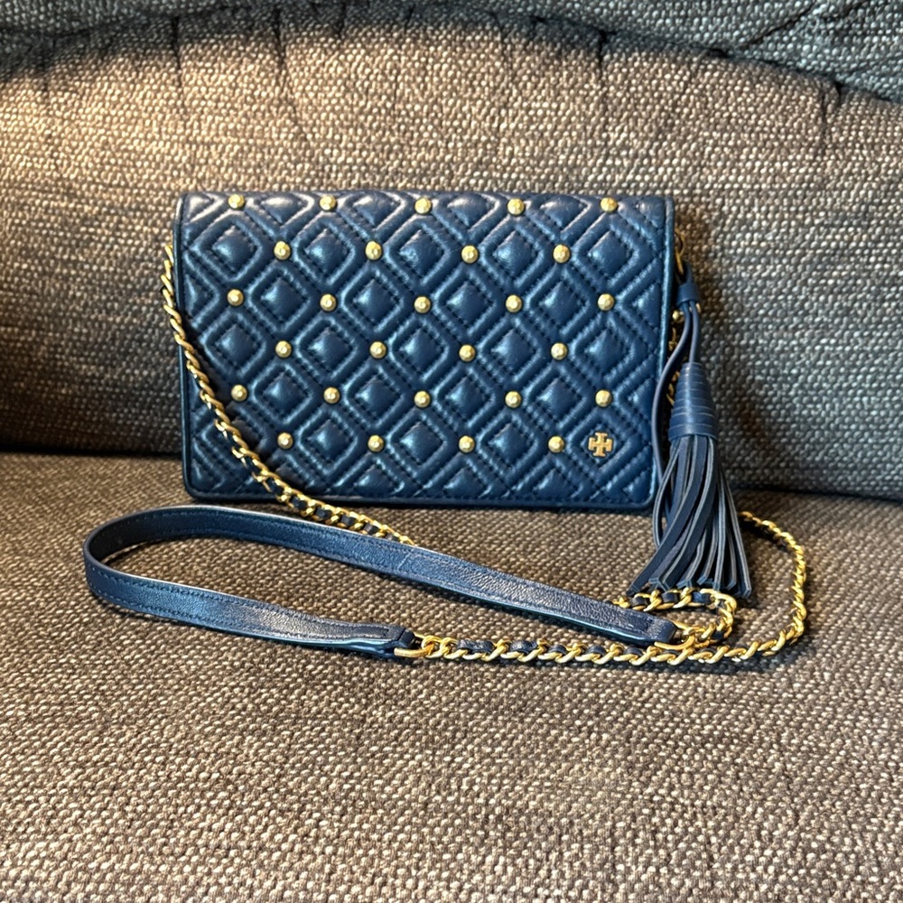 Tory Burch Fleming Quilted Navy Crossbody Bag with Gold Studs and Tassel